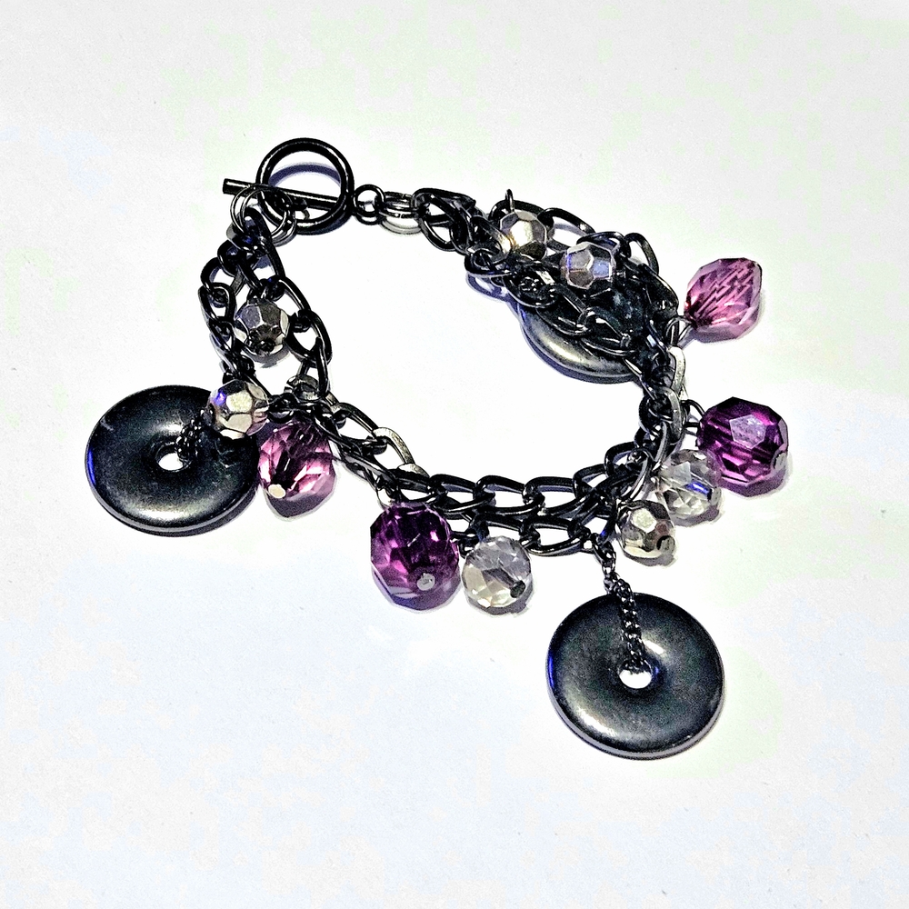 Black & Purple Charmed Chunky Bracelet 7.5" Long Handmade